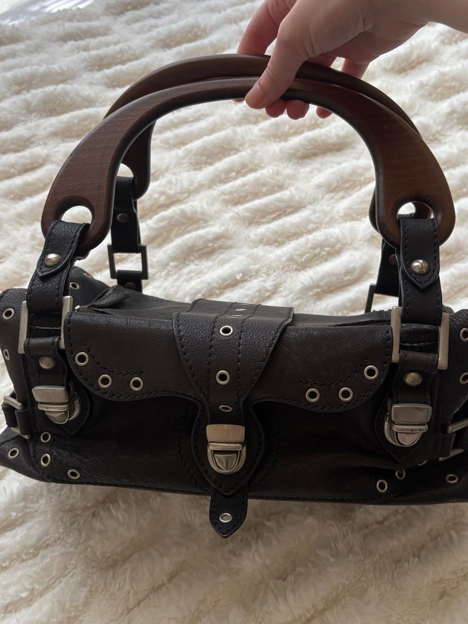 Gaetano Navarra Black Leather Bag With Wooden Top Handles And Silver Hardware